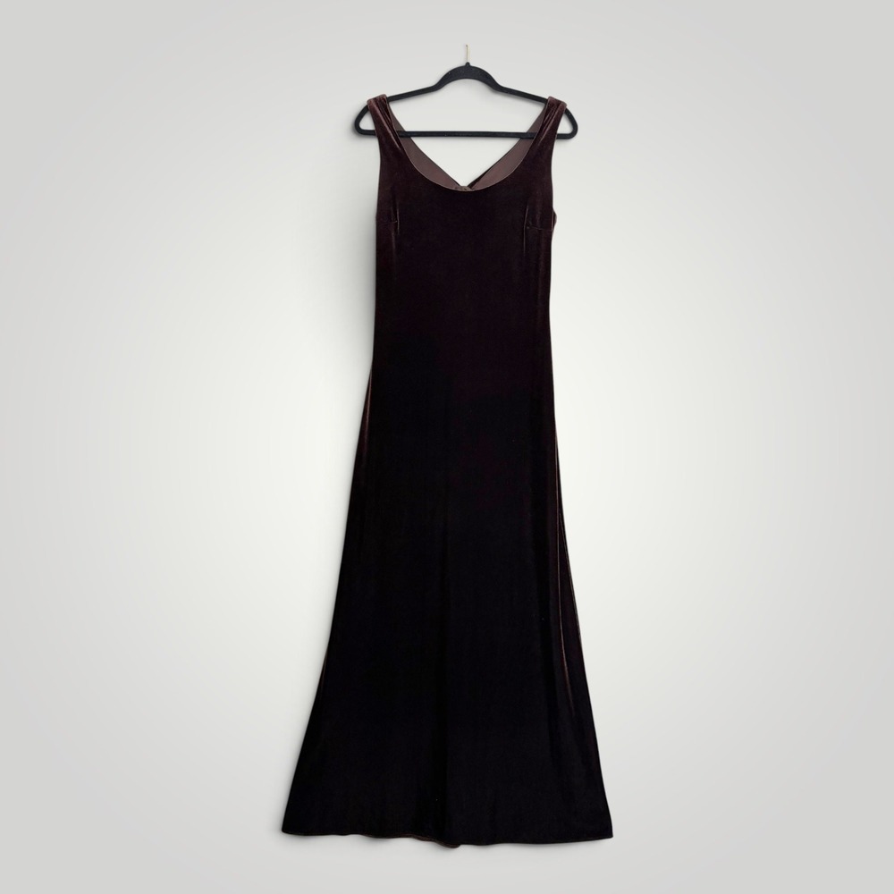 Vintage Niki by Niki Livas Brown Velvet Twist Back Maxi Dress Gown USA 10